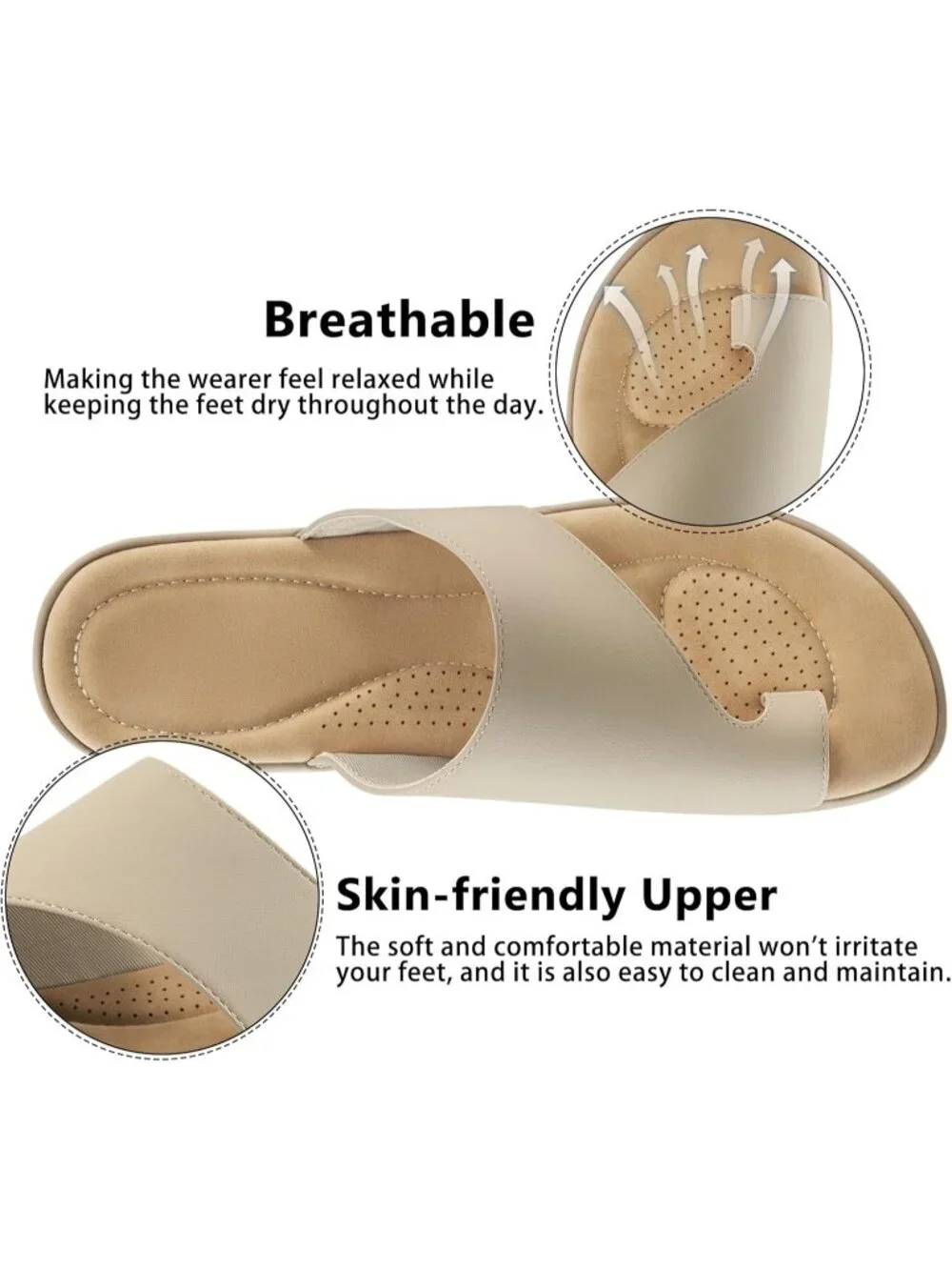 Women's Beige Flat Sandals Comfortable Walking Dressy Slides Casual Shoes